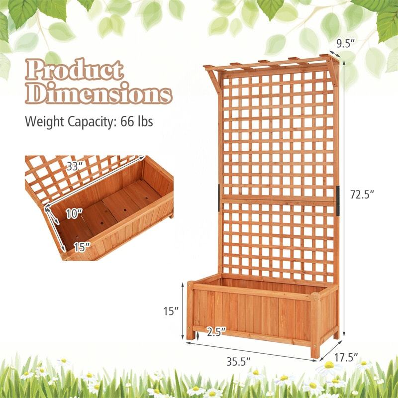 72.5" Wooden Raised Garden Bed with Trellis & Roof, Freestanding Planter Box with Drainage Holes for Climbing Plants, Yard, Balcony, Indoor & Outdoor