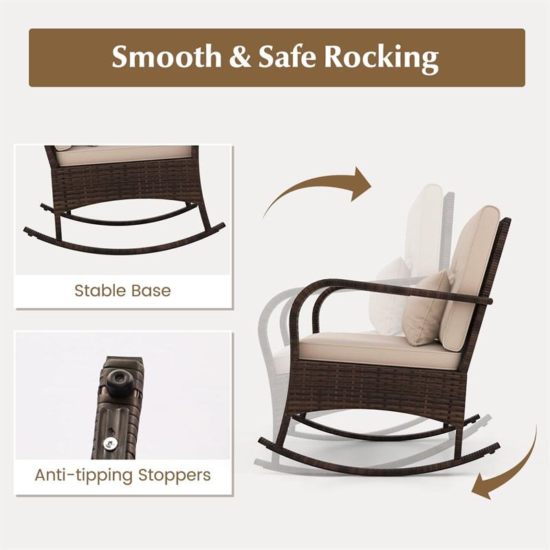 3 Piece Rocking Bistro Set Patio PE Rattan Rocking Chair with Tempered Glass Coffee Table, Back & Seat Cushions, Outdoor Wicker Furniture Set