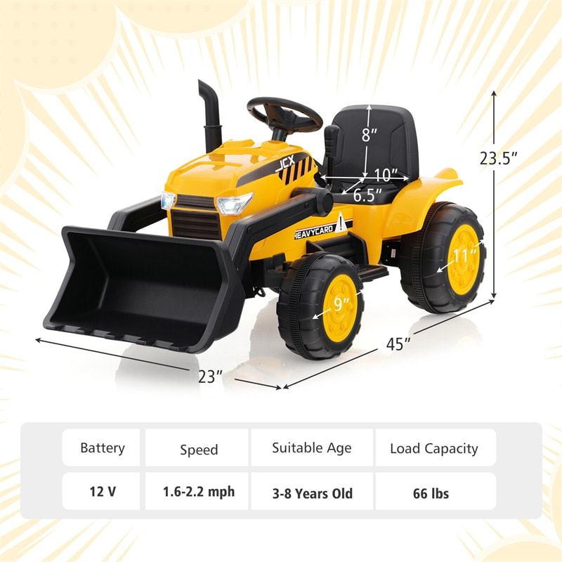 Kids Ride On Excavator Bulldozer, 12V Battery Powered Wheel Loader Ride-on Construction Vehicle with Remote Control & Adjustable Digging Bucket