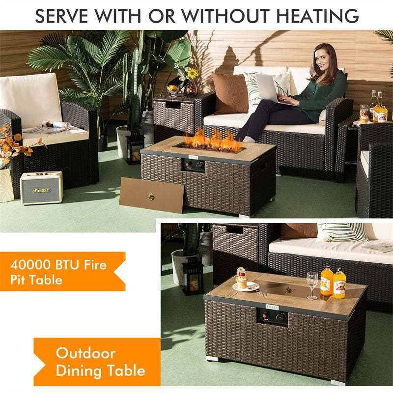 2-Piece Rattan Outdoor Fire Pit Table Set with Hideaway Tank Holder, Lava Rocks & Cover, 40,000BTU Wicker Propane Fire Table for Patio, Backyard