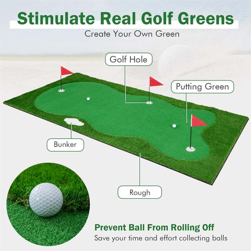 10 x 5FT Golf Putting Green, Large Professional Putting Mat with Artificial Grass Turf, 3 Holes & Flags, Golf Training Aid for Indoor Outdoor Practice
