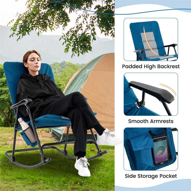 Oversized Folding Rocking Chair with Padded Seat & Metal Frame, Portable Patio Lounge Rocker for Camping, Backyard, 500 lbs Capacity
