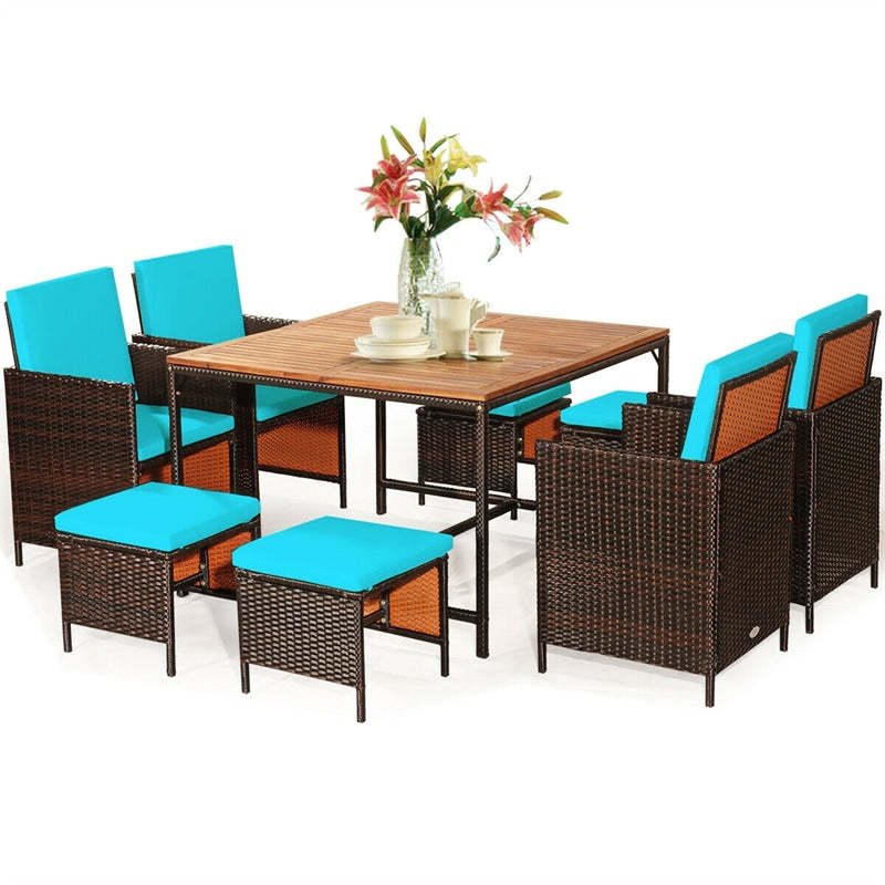 9-Piece Acacia Wood Rattan Patio Dining Set w/Cushioned Chairs, Ottomans & Umbrella Hole, Space Saving Outdoor Furniture for Backyard Garden