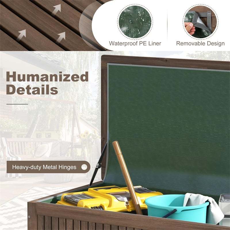 56 Gallon Fir Wood Deck Box Outdoor Storage Box Wooden Patio Storage Bench with Wheels & Removable Waterproof PE Liner for Pillows Garden Tools