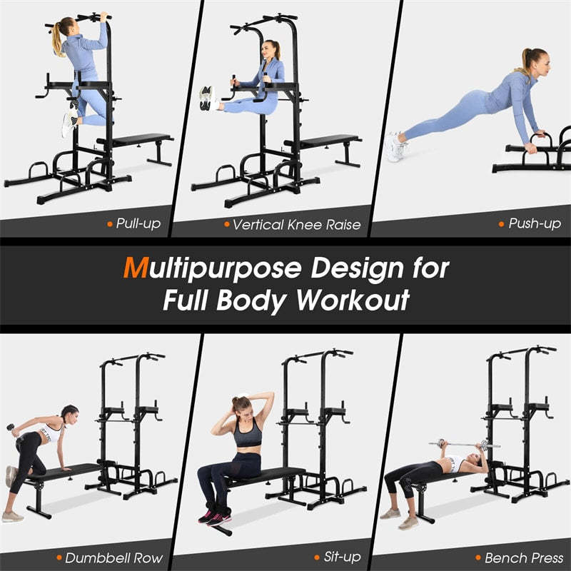 Adjustable Power Tower with Foldable Weight Bench, Multi-Function Pull-Up Bar Dip Station, Heavy Duty Full Body Workout Machine for Home Gym