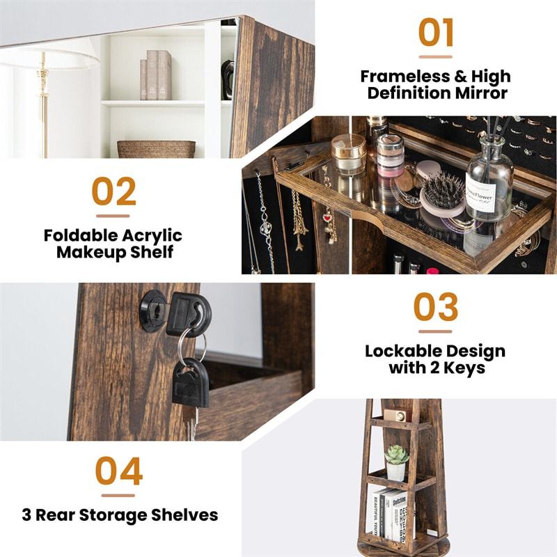 360° Swivel Jewelry Armoire with Full Length Mirror, Adjustable 3-Color LED Lights & Storage Rack, Lockable Standing Jewelry Cabinet Organizer