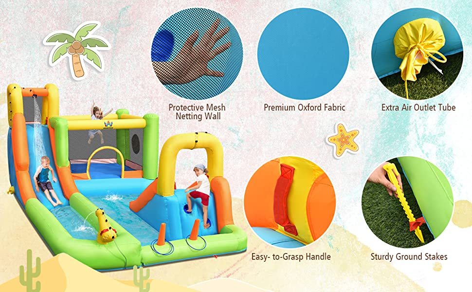 7 In 1 Inflatable Water Slide Park Kids Bounce House with 950W Air Blower for Backyard