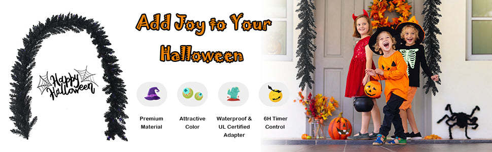 9FT Pre-lit Black Halloween Garland Artificial Christmas Garland with 50 Purple LED Lights