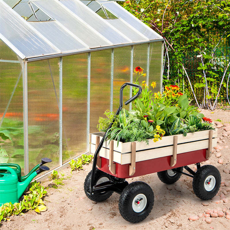 Heavy Duty Outdoor Utility Wagon Pulling Children Kid Garden Cart with Wood Railing & Adjustable Handle