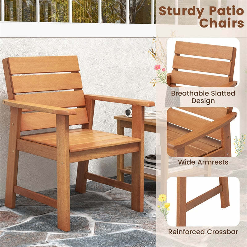 2 PCS Hardwood Patio Dining Chairs Ergonomic Outdoor Garden Chairs Dining Armchairs with Breathable Slatted Seats & Inclined Backrests