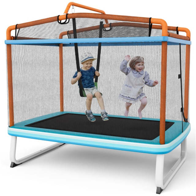 he2 6FT Kids Trampoline, 3-in-1 Trampoline w/Swing & Horizontal Bar, Rectangle Toddler Trampoline