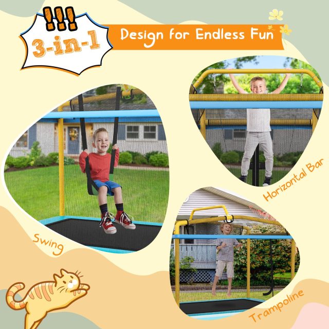 he2 6FT Kids Trampoline, 3-in-1 Trampoline w/Swing & Horizontal Bar, Rectangle Toddler Trampoline