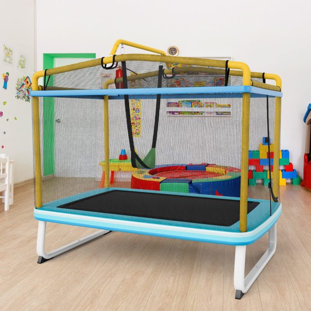 he2 6FT Kids Trampoline, 3-in-1 Trampoline w/Swing & Horizontal Bar, Rectangle Toddler Trampoline