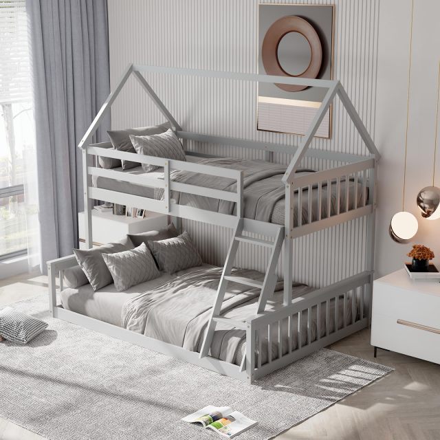 KOMFOTT Twin Over Full Wood House Bunk Bed with Integrated Ladder & Safety Guardrails, Convertible to 2 Beds
