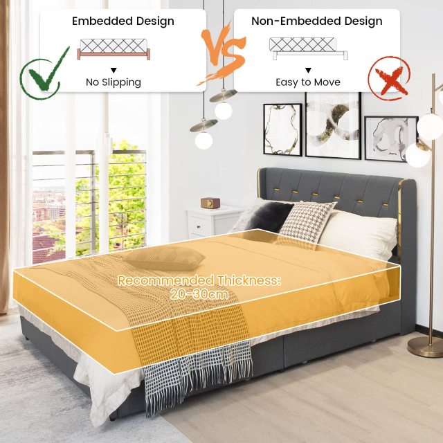 KOMFOTT Full/Queen Upholstered Bed Frame with 4 Rolling Storage Drawers, Space Saving PU Leather Bed Frame