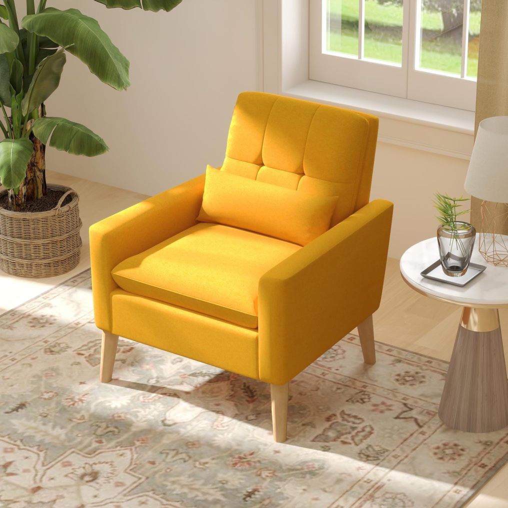 KOMFOTT Modern Linen Accent Chair, Upholstered Tufted Armchair with Lumbar Pillow, Rubber Wood Legs, Padded Cushion