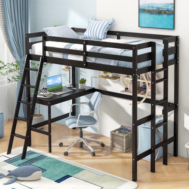KOMFOTT Twin Size Loft Bed with Desk, 2 Ladders