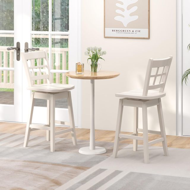 KOMFOTT 24.5" Bar Stools Set of 2/4, Farmhouse Swivel Barstools with 6-Grid Hollow Back & Ergonomic Contoured Seat, Footrest