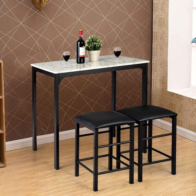 KOMFOTT 3 Piece Dining Table and Chairs Set with Faux Marble Tabletop 2 Chairs