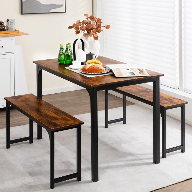 KOMFOTT Dining Table Set for 4, 3-Piece Kitchen Table with 2 Benches