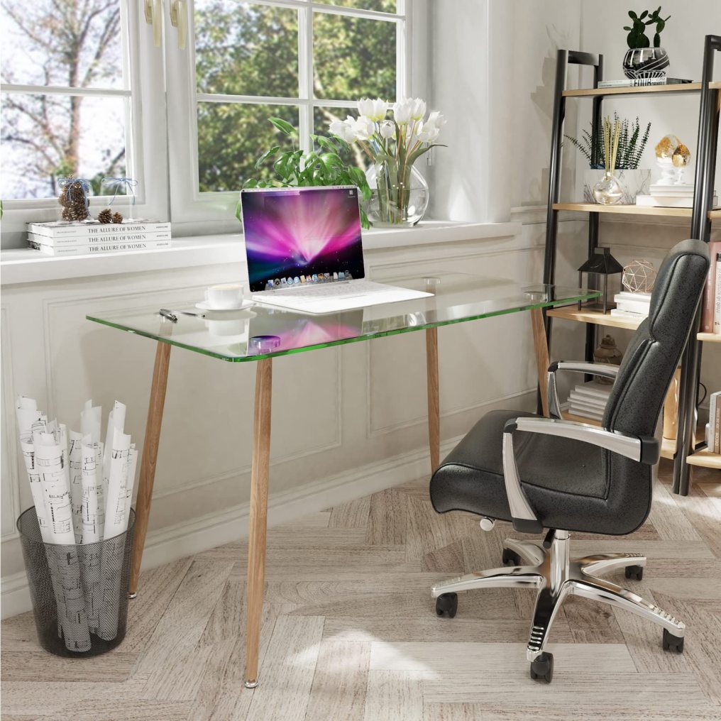 KOMFOTT Glass Dining Table, Modern Rectangular Table with Spacious Tempered Glass Tabletop