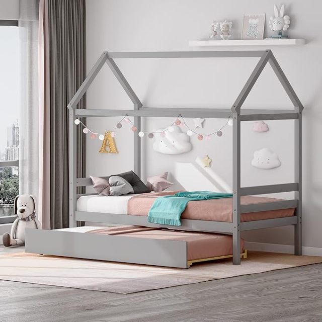 KOMFOTT Twin Size Wood House Bed with Trundle and Roof