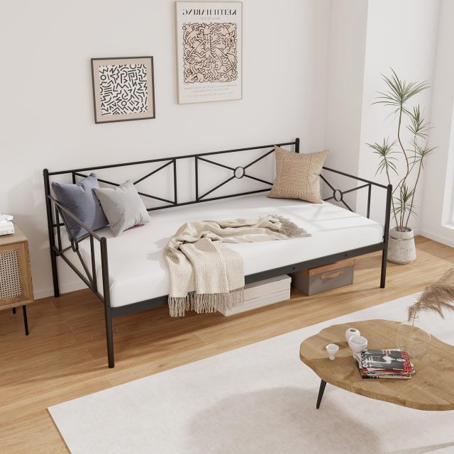 KOMFOTT Twin Size Metal Daybed, Multifunctional Sofa Guest Bed with Headboard