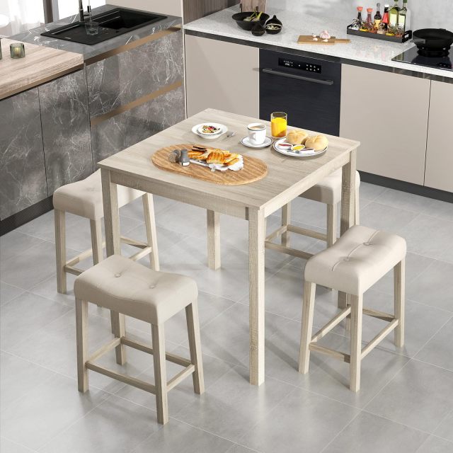 KOMFOTT 5-Piece Bar Table Set, Square Breakfast Set for 4 w/Padded Stools