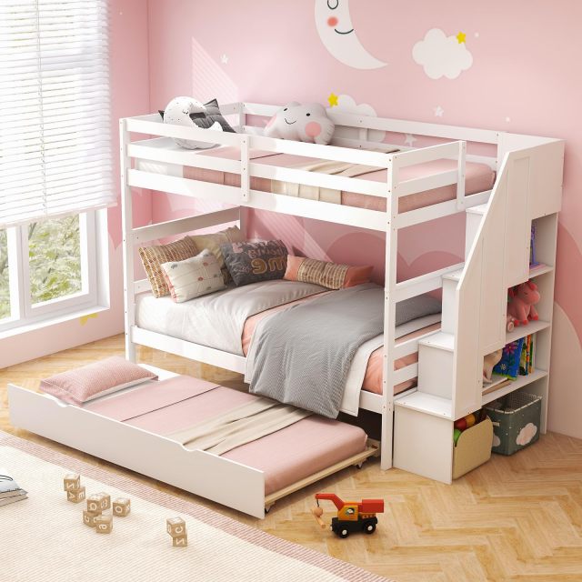 KOMFOTT Twin Over Twin Wood Bunk Bed with Trundle & Storage Stairs, Convertible to 2 Separated Beds