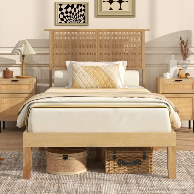 KOMFOTT Wood Platform Bed Frame with Rattan Headboard, Wooden Slats & Under-Bed Storage