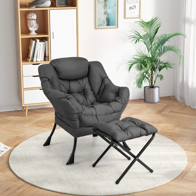 KOMFOTT Lazy Sofa Chair with Ottoman, Upholstered Leisure Lounge Armchair with Folding Footrest, Side Storage Pocket