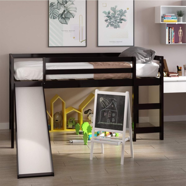KOMFOTT Twin Size Wood Low Loft Bed with Slide, Ladder & Guard Rail
