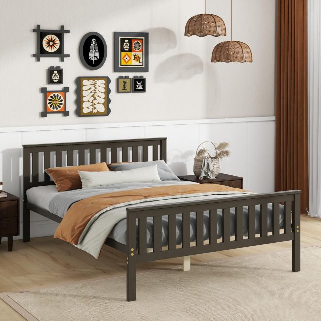 KOMFOTT Wood Platform Bed Frame with Headboard, Wooden Slats Support, 12" Under-Bed Storage Space