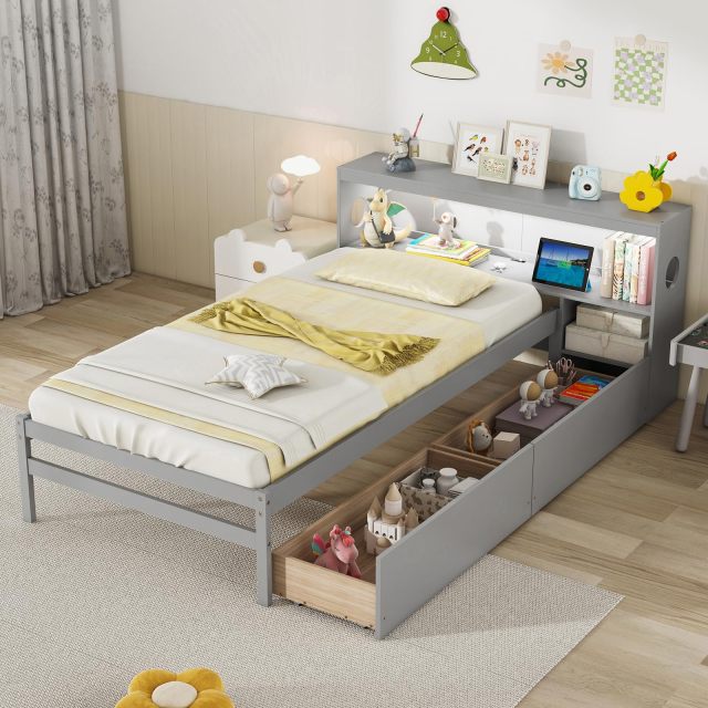 KOMFOTT Wood Twin Bed Frame with Storage Drawer & Headboard, Modern Platform Bed with Charging Station & LED Light