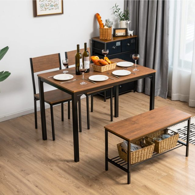 KOMFOTT Dining Table Set for 4, Kitchen Table and 2 Chairs for 4 with Bench