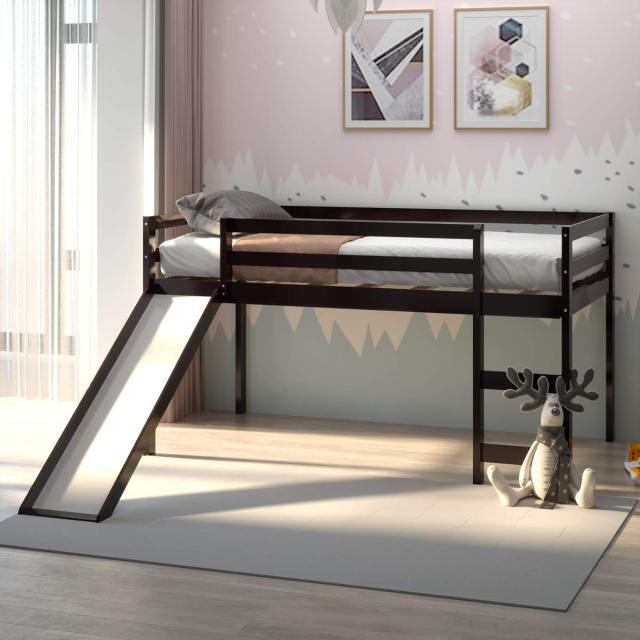 KOMFOTT Twin Size Wood Low Loft Bed with Slide, Ladder & Guard Rail