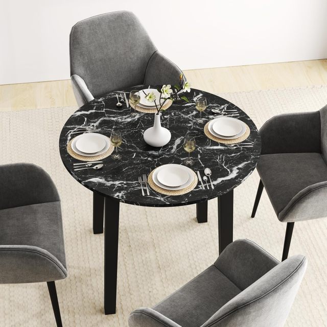KOMFOTT Round Dining Table with Rubber Wood Legs, Marble-Textured Veneer Tabletop