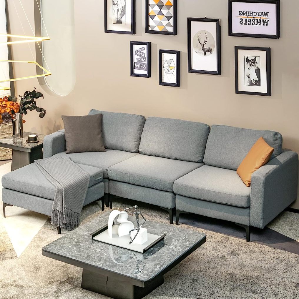 KOMFOTT Convertible Sectional Sofa Couch, 3-Seat L Shaped Couch with Reversible Ottoman, Built-in Socket & USB Ports
