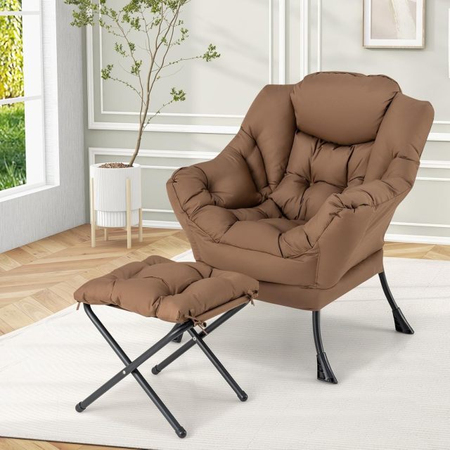 KOMFOTT Lazy Sofa Chair with Ottoman, Upholstered Leisure Lounge Armchair with Folding Footrest, Side Storage Pocket