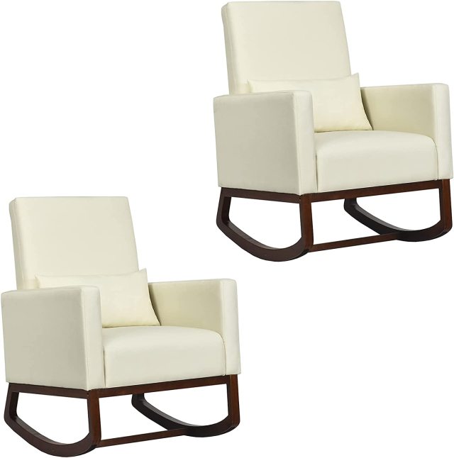 KOMFOTT Upholstered Rocking Chair, Modern High Back Armchair, Comfortable Rocker with Fabric Padded Seat, Waist Pillow