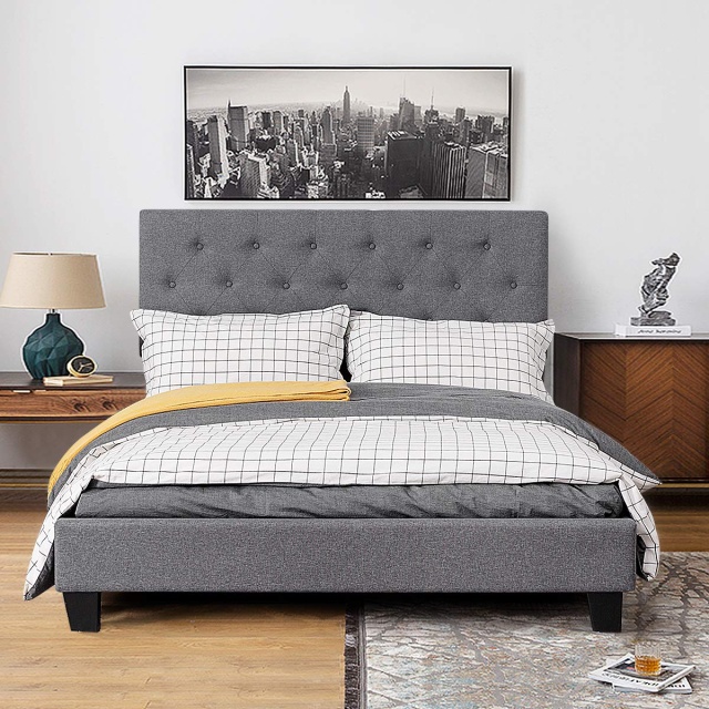 KOMFOTT Shalini Upholstered Panel Platform Bed Frame with Diamond Stitched Linen Panel Headboard