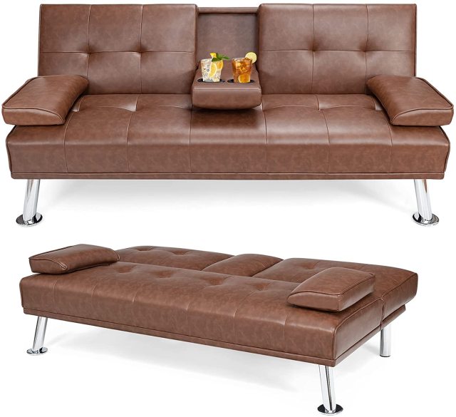 KOMFOTT Leather Convertible Futon Sofa Bed with Removable Armrests and 2 Cup Holders