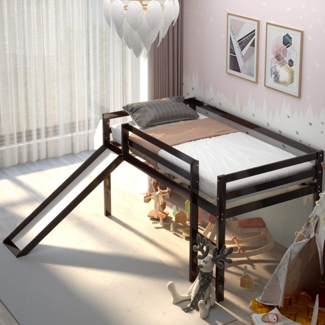 KOMFOTT Twin Size Wood Low Loft Bed with Slide, Ladder & Guard Rail