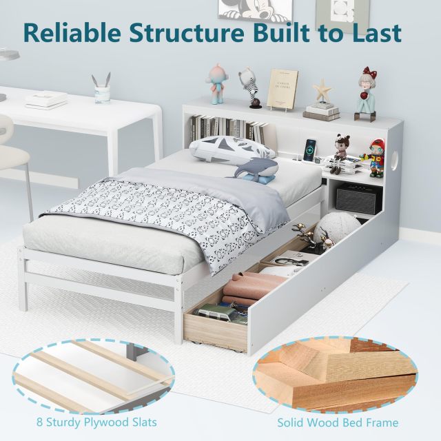 KOMFOTT Wood Twin Bed Frame with Storage Drawer & Headboard, Modern Platform Bed with Charging Station & LED Light