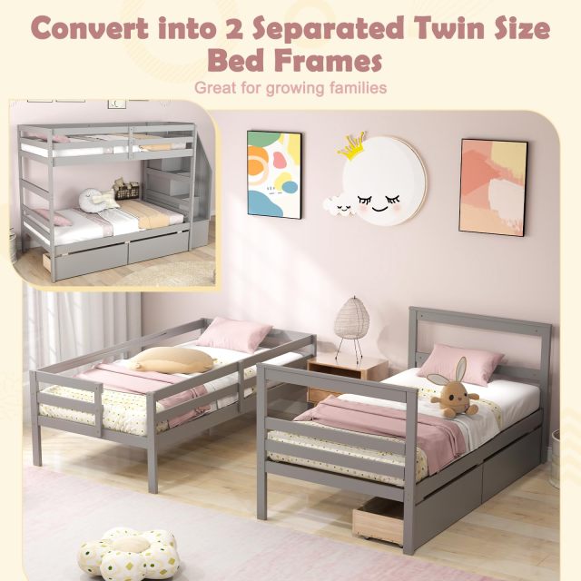 KOMFOTT Wood Twin Over Twin Bunk Bed with 2 Storage Drawers & Stairs