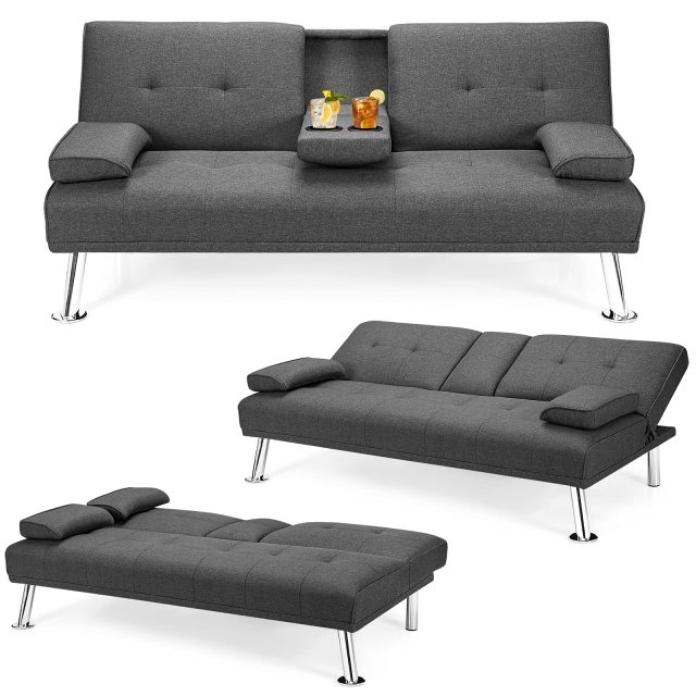 KOMFOTT Convertible Futon Sofa Bed with Adjustable Backrest & Removable Armrests, 2 Cup Holders