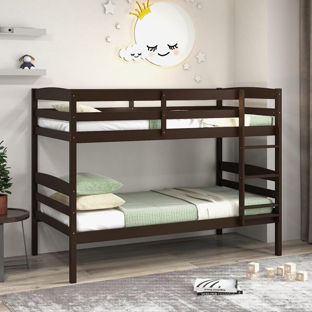 KOMFOTT Twin Over Twin Wood Bunk Bed with Full-Length Guardrail & Integrated Ladder