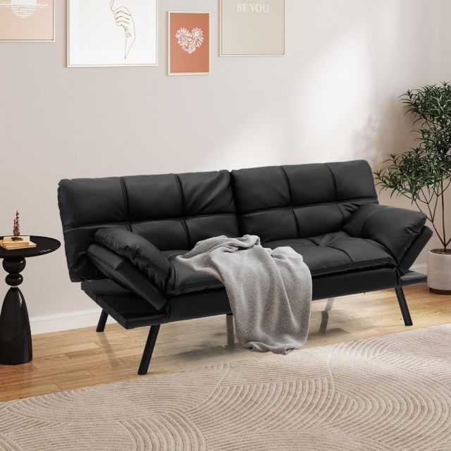 KOMFOTT Futon Sofa Bed, Faux Leather Memory Foam Convertible Futon Couch with Adjustable Backrest & Armrests