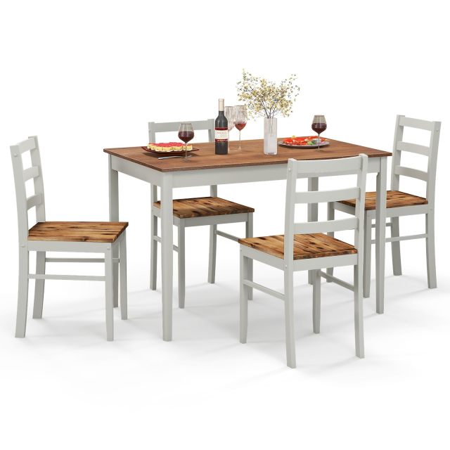 KOMFOTT Dining Table Set for 4, Farmhouse Solid Wood Dining Set w/Rubber Wood Legs