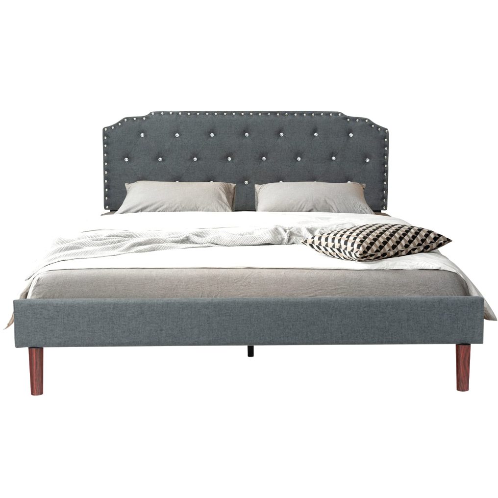 KOMFOTT Upholstered Bed Frame with Adjustable Diamond Button Headboard